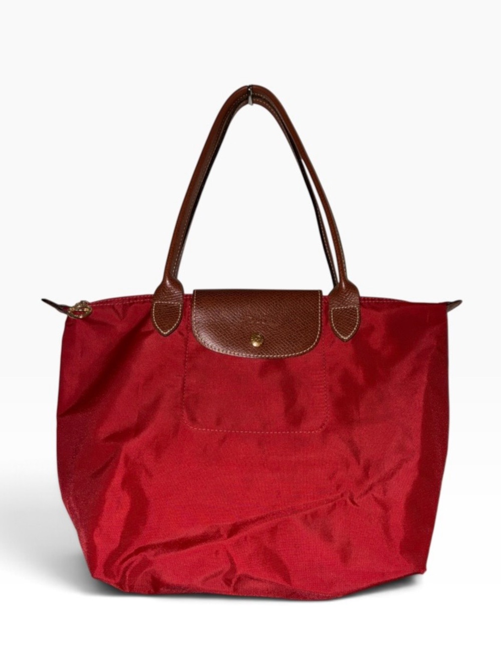 Longchamp Le Pliage Red Nylon Tote Bag Leather Handles